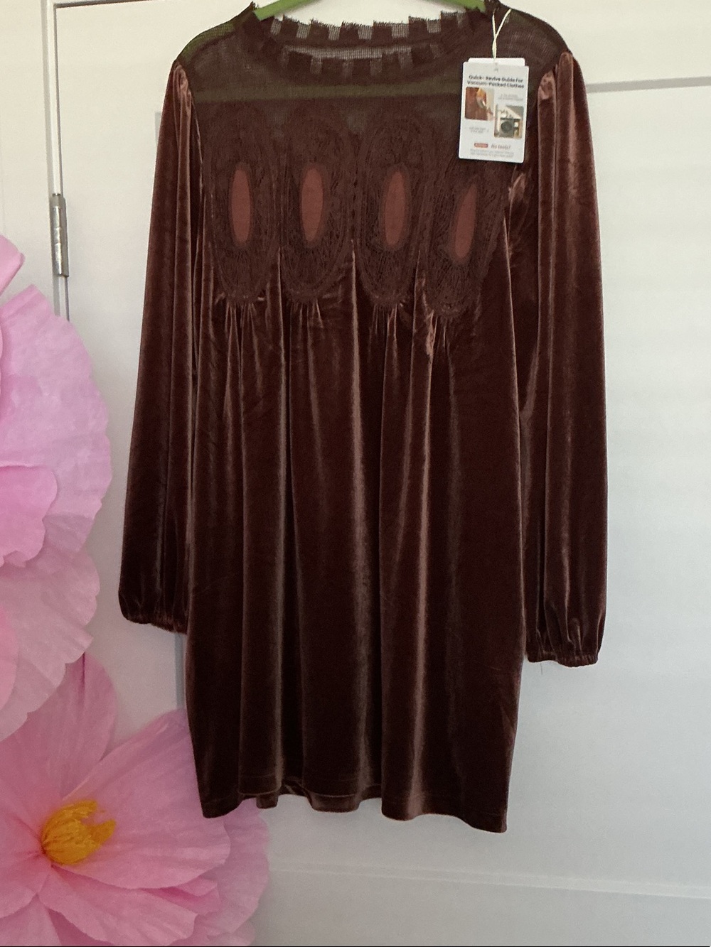 Boho Style Velvet Lace Yoke Shift Dress or Tunic  in Rich, Deep Brown XL.  NWT
